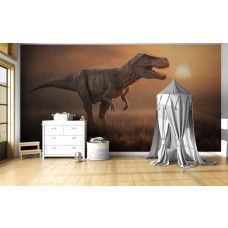 Fotobehang T-Rex in de avondzon in een tienerkamer met een stoere dinosaurus in de warme gloed van de ondergaande zon.