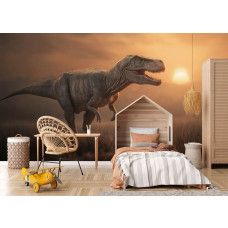 Fotobehang T-Rex in de avondzon in een kinderkamer met een brullende dinosaurus in een prehistorisch landschap.