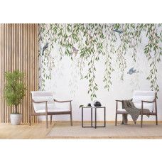 Een fotobehang van takken met bladeren en vogels in een woonkamer met Airtex.