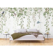 Een fotobehang van takken met bladeren en vogels in een slaapkamer met vliesbehang en Airtex.