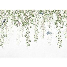 Een fotobehang van takken met bladeren en vogels.