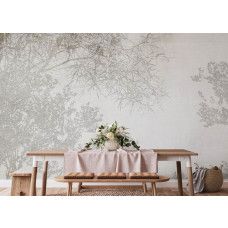 Een stijlvol fotobehang van takken silhouetten in de keuken, voegt een subtiele en uitnodigende sfeer toe aan de ruimte.