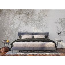 Fotobehang van takken silhouetten in een slaapkamer, zorgt voor een rustige en harmonieuze sfeer met een vleugje kunstzinnigheid.