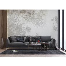 Fotobehang van takken silhouetten in de woonkamer, brengt een moderne en natuurlijke sfeer met een vleugje elegantie.
