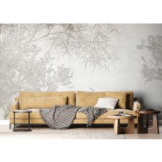 Fotobehang met takken silhouetten in een landelijke woonkamer, creëert een tijdloze en natuurlijke ambiance.