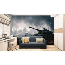 Fotobehang tanks en soldaten in actie in een gamekamer, met een dynamisch slagveld van tanks en strategische soldaten in een gedetailleerd landschap.