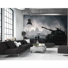 Fotobehang tanks en soldaten in actie voor de gamekamer, met een dynamisch slagveld van tanks en strategische soldaten in een gedetailleerd landschap, weergegeven in een stijlvolle huiskamer.