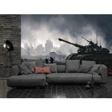 Een woonkamer met een fotobehang met tanks en soldaten in actie voor de gamekamer, met een dynamisch slagveld van tanks en strategische soldaten in een gedetailleerd landschap, weergegeven in een tienerkamer.