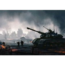 Fotobehang tanks en soldaten in actie voor de gamekamer, met een dynamisch slagveld van tanks en strategische soldaten in een gedetailleerd landschap.