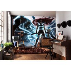 Een fotobehang van Thor, God of Thunder, samen met Groot en Rocket Raccoon van Marvel te zien in de kinderkamer.