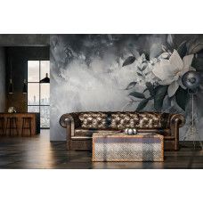 Fotobehang met een grote witte bloem in eigentijdse stijl aan de muur van een stijlvolle woonkamer.