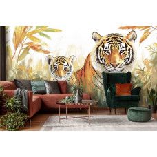 Fotobehang tijgerfamilie in de jungle in woonkamer met warme kleuren en illustratief ontwerp.