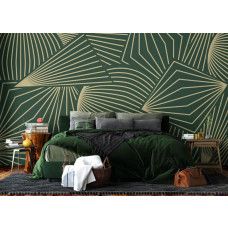 Een fotobehang met trendy grafische patronen in de slaapkamer, waarin de combinatie van diepe kleuren en verfijnde gouden details een elegante en rustgevende sfeer creëert.