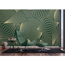 Een fotobehang met trendy grafische patronen in de woonkamer, waar de subtiele goudlijnen en abstracte vormen een stijlvol en eigentijds interieur versterken.