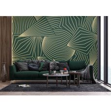 Een fotobehang met trendy grafische patronen in een moderne woonkamer, waarbij de geometrische patronen en glanzende goudaccenten zorgen voor een chique en tijdloze uitstraling.