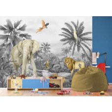 Een fotobehang met tropisch dierenparadijs in de jongenskamer, waarin stoere jungle dieren zoals een leeuw en een olifant een avontuurlijke en stoere uitstraling geven.