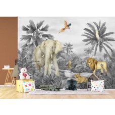 Een fotobehang met tropisch dierenparadijs in de kinderkamer, waarin jungle dieren zoals een olifant en een leeuw zorgen voor een avontuurlijke en fantasierijke sfeer.