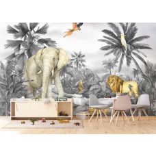 Een fotobehang met tropisch dierenparadijs in de speelkamer, waarbij de vrolijke jungle en exotische dieren een levendige en speelse omgeving creëren.