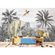 Een fotobehang met tropisch dierenparadijs in de kinderkamer, waarbij de sierlijke papegaai en jungle details zorgen voor een magische en dromerige sfeer.