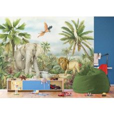 Een fotobehang met tropisch dierenparadijs 2 in de jongenskamer, waarin de stoere leeuw en de tropische achtergrond zorgen voor een avontuurlijke en energieke uitstraling.