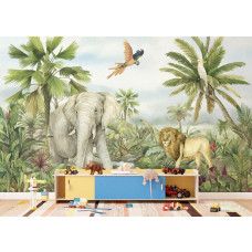 Een fotobehang met tropisch dierenparadijs 2 in de kinderkamer, waarin exotische jungle dieren en felle kleuren zorgen voor een speelse en avontuurlijke sfeer.