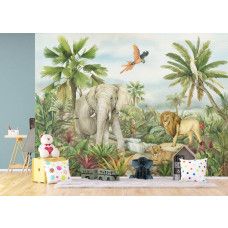 Een fotobehang met tropisch dierenparadijs 2 in de meisjeskamer, waar de heldere junglekleuren en exotische papegaai een speelse en vrolijke sfeer brengen. 