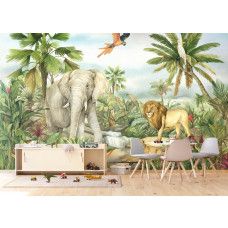 Een fotobehang met tropisch dierenparadijs 2 in de speelkamer, waarbij de kleurrijke jungle en gedetailleerde dieren een fantasierijke en levendige omgeving creëren.