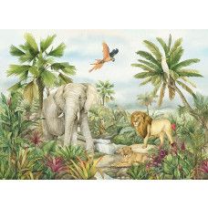 Een fotobehang met tropisch dierenparadijs 2, waarin een heldere jungleachtergrond met een leeuw, olifant en papegaai een levendige uitstraling geeft.