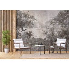 Fotobehang met een tropisch meer in groen-grijze vintage tinten in een bedrijfsruimte, brengt een tijdloze en inspirerende sfeer.