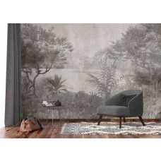 Fotobehang met een tropisch meer in groen-grijze vintage tinten in een landelijke woonkamer, creëert een harmonieuze en tijdloze look.