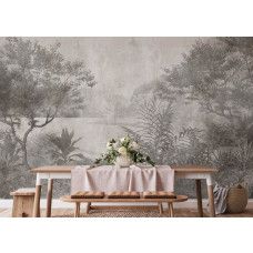 Een sfeervol fotobehang van een tropisch meer in groen-grijze vintage tinten in de keuken, voegt een warme en uitnodigende uitstraling toe.