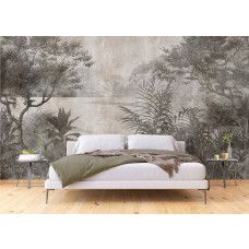 Een rustgevend fotobehang van een tropisch meer in groen-grijze vintage tinten in de slaapkamer, creëert een serene en nostalgische ambiance.