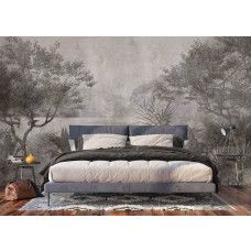 Fotobehang van een tropisch meer in groen-grijze vintage tinten in een slaapkamer, zorgt voor een rustige en dromerige sfeer.