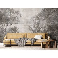 Een stijlvol fotobehang van een tropisch meer in groen-grijze vintage tinten in een moderne woonkamer, combineert natuur met een vleugje nostalgie.