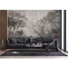 Fotobehang van een tropisch meer in groen-grijze vintage tinten in de woonkamer, voegt een rustieke en natuurlijke sfeer toe.