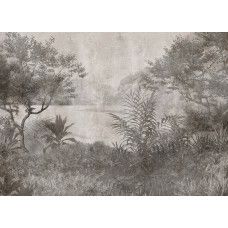 Fotobehang met een tropisch meer in vintage stijl, gedomineerd door groen-grijze tinten, perfect voor een rustieke en tijdloze uitstraling.