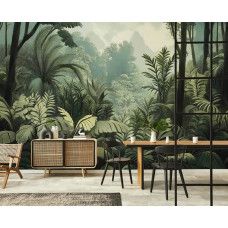 Fotobehang met een levendig tropisch oerwoud aan de muur van een sfeervolle woonkamer.