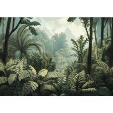Fotobehang met dicht tropisch oerwoud vol grote bladeren, palmbomen en weelderige begroeiing.