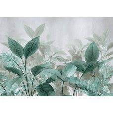 Fotobehang met tropische bladeren in groene tinten tegen een lichte achtergrond.