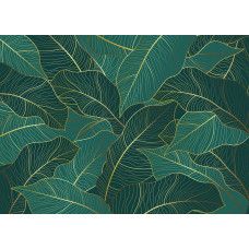 Een fotobehang met tropische bladeren in smaragdgroen en goud.