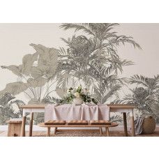 Een uitnodigend fotobehang van een tropische compositie in de keuken, voegt een zonnige en energieke sfeer toe aan de ruimte.