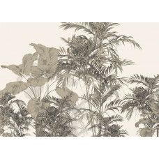 Fotobehang met een levendige tropische compositie, vol exotische bladeren, bloemen en warme tinten, perfect voor een energieke en natuurlijke uitstraling.