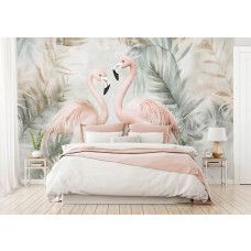 Fotobehang met sierlijke flamingo’s en weelderige junglebladeren, die samen zorgen voor een frisse en exotische uitstraling in de slaapkamer.