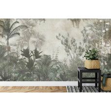 Een fotobehang met tropische planten in een dichte jungle, afgebeeld in een slaapkamer.