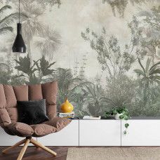 Een fotobehang met tropische planten en palmbomen in een natuurlijke jungle, afgebeeld in een woonkamer.