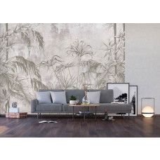 Een fotobehang van tropische planten tegen een betonmuur in een jungle-stijl in een woonkamer met Airtex-behang.