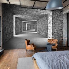 Fotobehang in de slaapkamer met een stenen tunnel in 3D die een rustgevende en mysterieuze sfeer creëert.