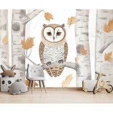 Fotobehang uil tussen berkenbomen in een kinderkamer met natuurlijke details.