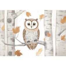 Fotobehang met illustratie van een uil tussen berkenbomen en herfstbladeren.