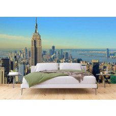 Een fotobehang van het uitzicht op Manhattan, New York met vliesbehang in een slaapkamer.